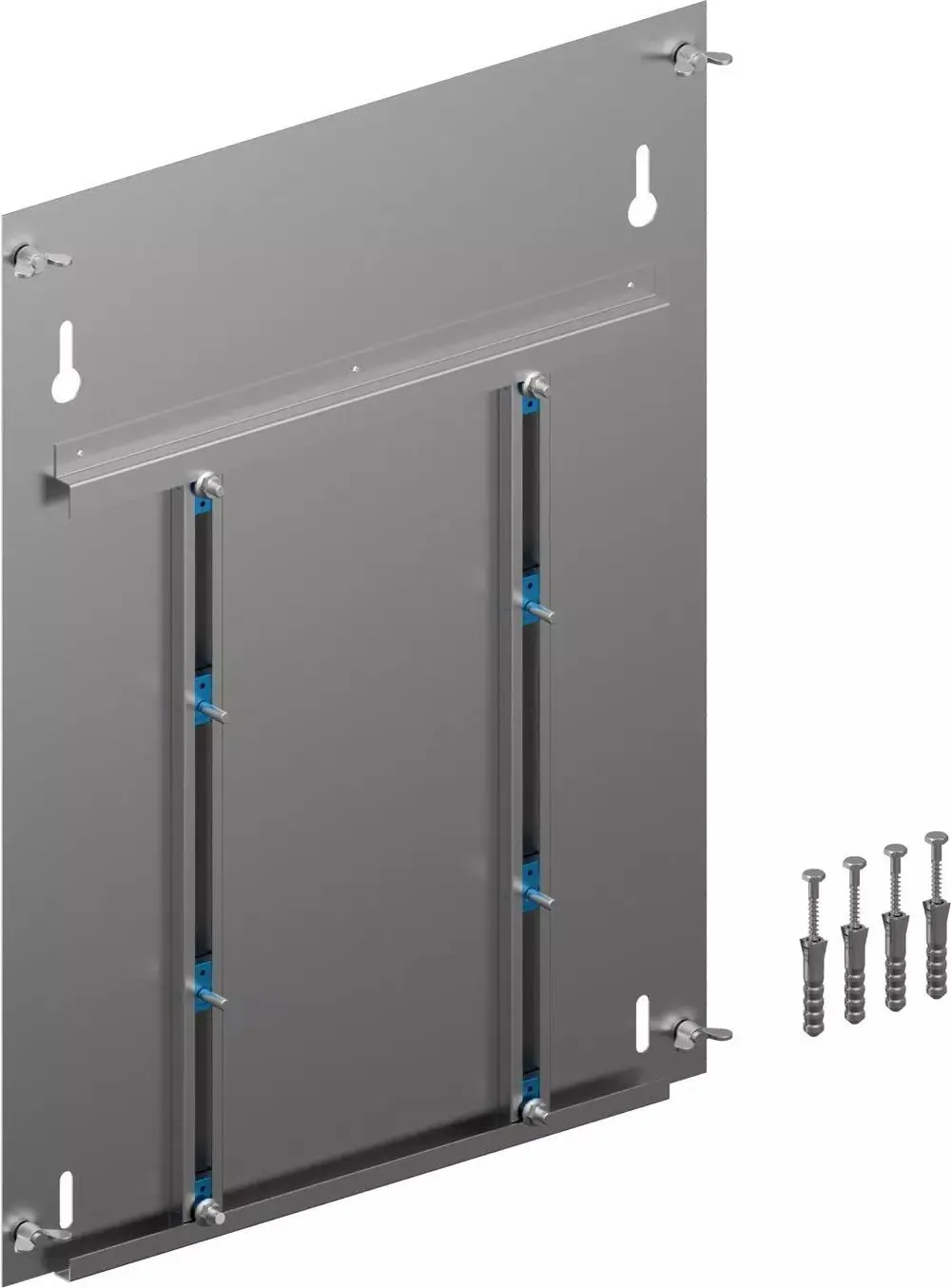 Metallische Rückwand mit Befestigungselementen, entworfen für Schrankanwendungen, hergestellt von Uponor. Demontierbare Schienen zur flexiblen Montage vorhanden.